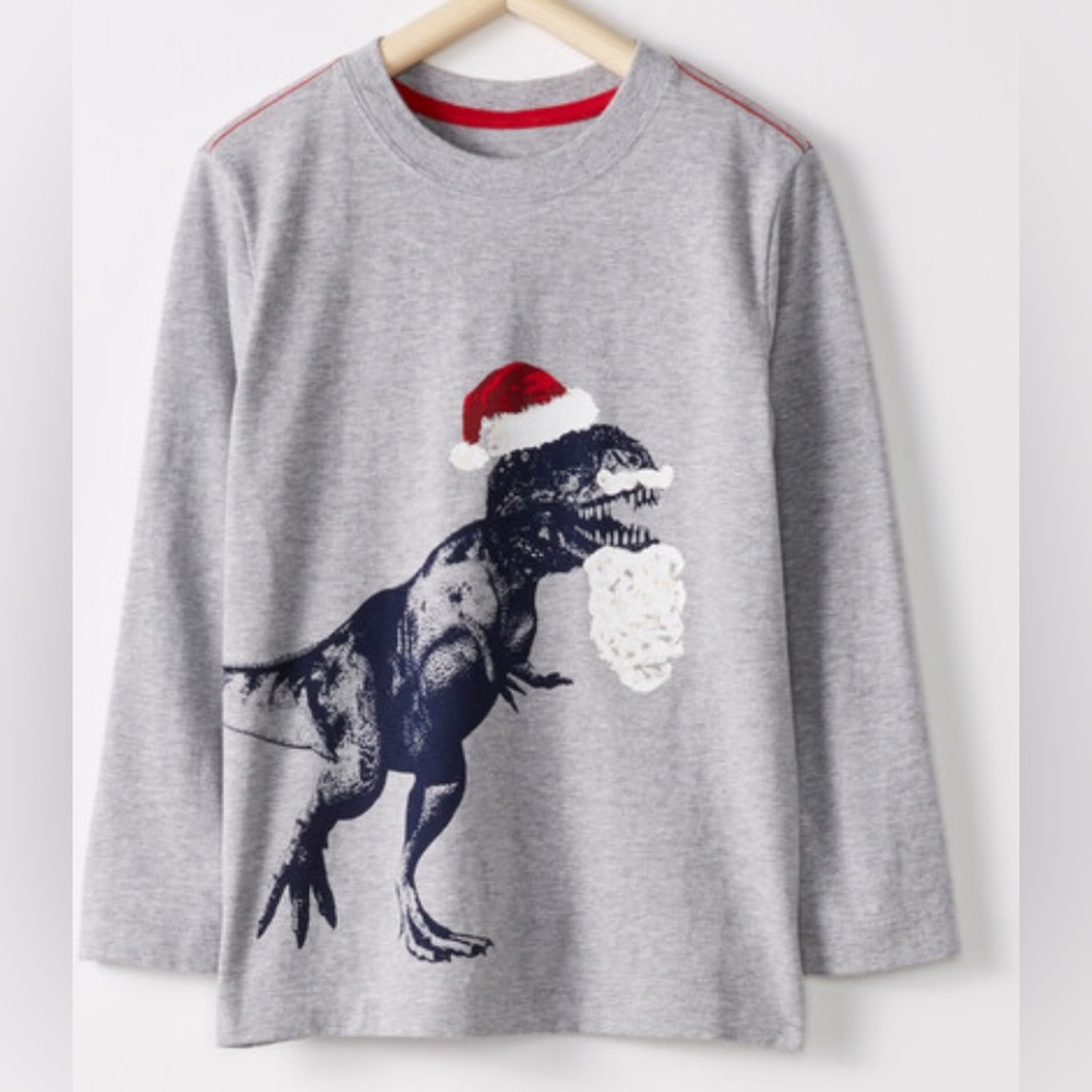KIDS HANNA ANDERSSON HEATHER GRAY SANTA DINO LONG SLEEVE SHIRT - SIZE 6